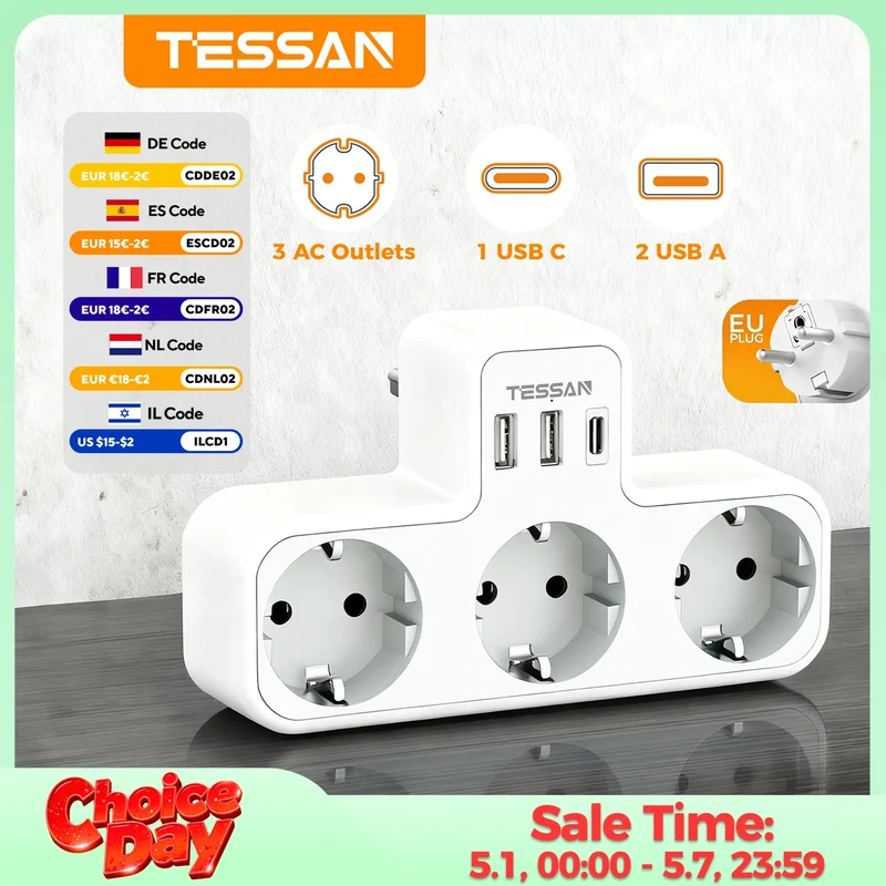 Tessan Multiple EU Standard USB Socket Wall Socket 6 in 1 Plug Socket with 3 AC Outlets with USB Charging Ports for Home Office