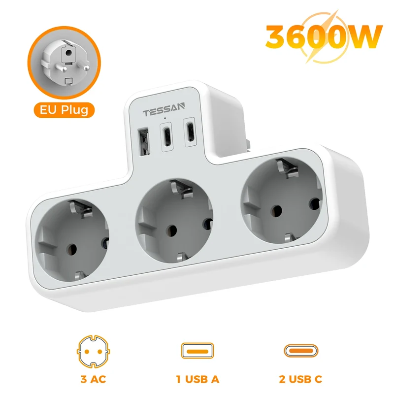 Tessan Multiple EU Standard USB Socket Wall Socket 6 in 1 Plug Socket with 3 AC Outlets with USB Charging Ports for Home Office