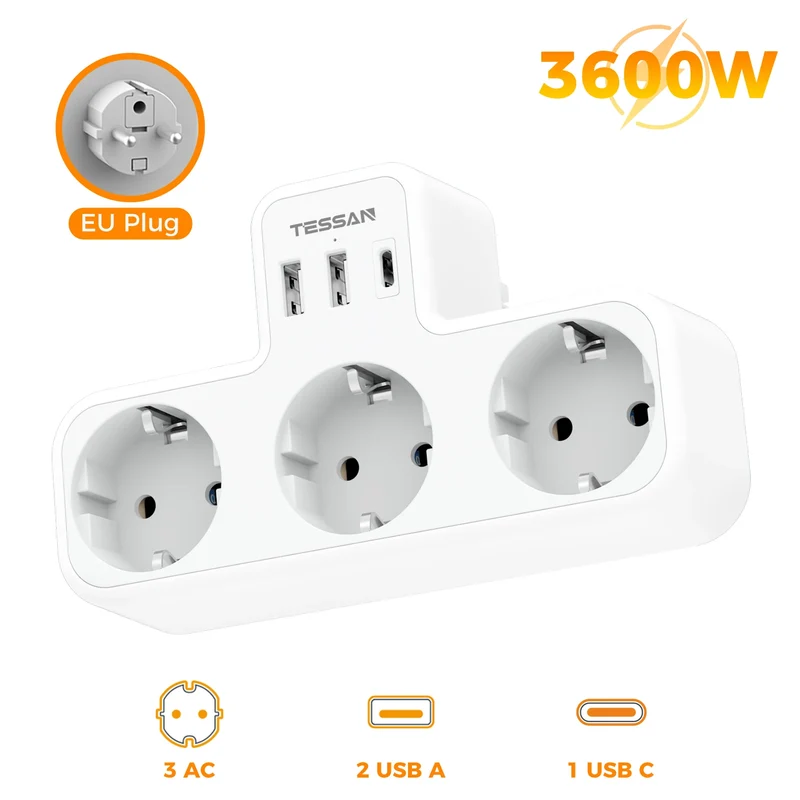 Tessan Multiple EU Standard USB Socket Wall Socket 6 in 1 Plug Socket with 3 AC Outlets with USB Charging Ports for Home Office