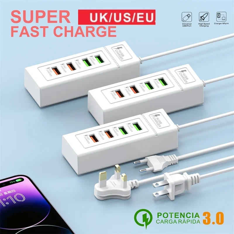 4Ports USB Fast Charger Station USB Multi Splitter Adapter USB C Expander Portable Travel Charger For iPhone Xiaomi Mobile Phone