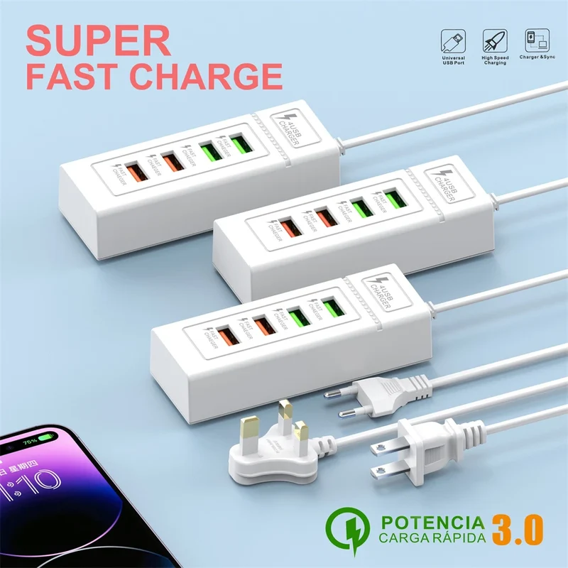 4Ports USB Fast Charger Station USB Multi Splitter Adapter USB C Expander Portable Travel Charger For iPhone Xiaomi Mobile Phone