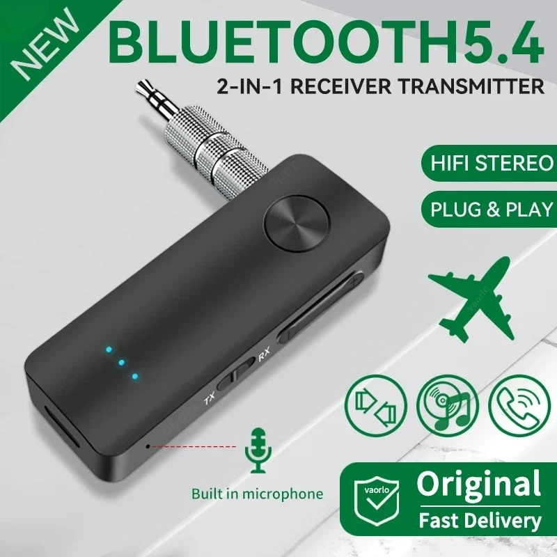 2-In-1 Wireless Audio Adapter Bluetooth 5.3 Receiver Transmitter 3.5mm Jack AUX Lossless Sound MIC For Car Speaker TV PC