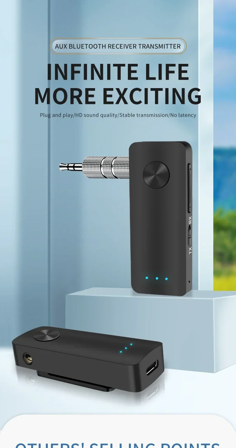 2-In-1 Wireless Audio Adapter Bluetooth 5.3 Receiver Transmitter 3.5mm Jack AUX Lossless Sound MIC For Car Speaker TV PC