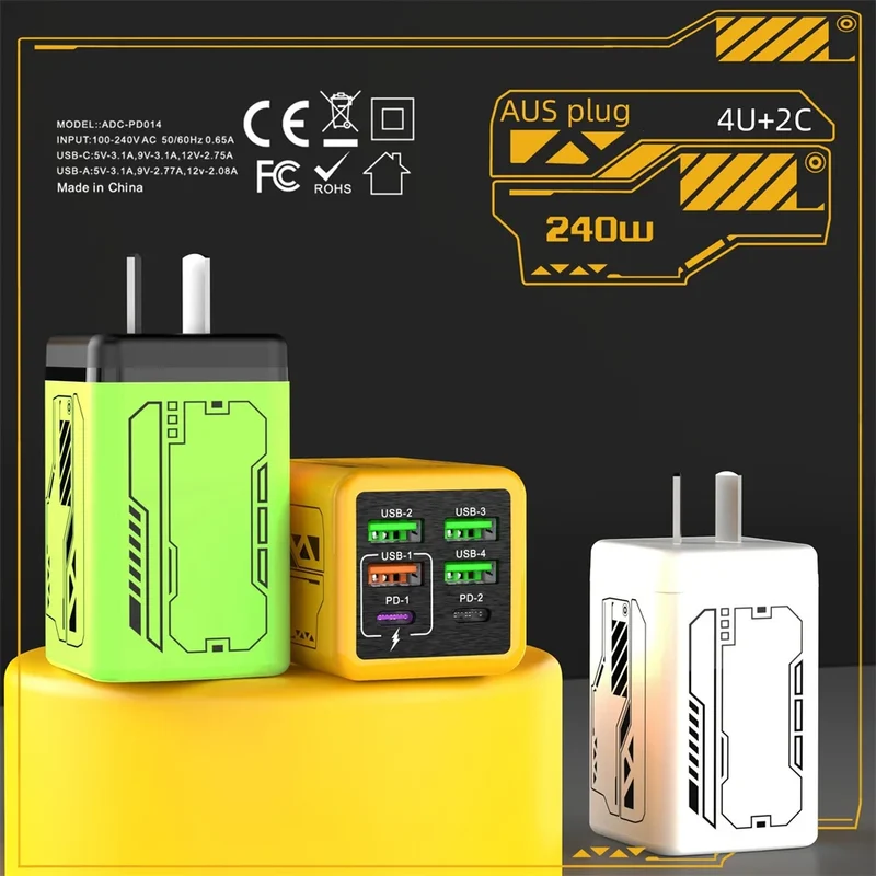 240W 6 in 1 USB C Charger Fast Charging PD3.0 QC3.0 Mobile Phone Travel Wall Adapter for iPhone17 Samsung Xiaomi Huawei EU UK US