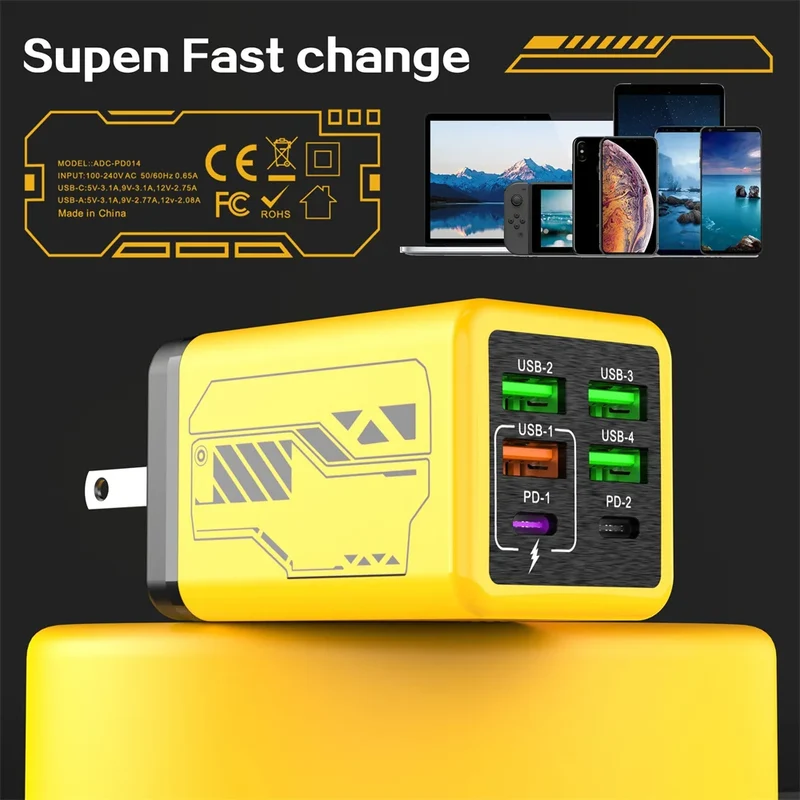 240W 6 in 1 USB C Charger Fast Charging PD3.0 QC3.0 Mobile Phone Travel Wall Adapter for iPhone17 Samsung Xiaomi Huawei EU UK US