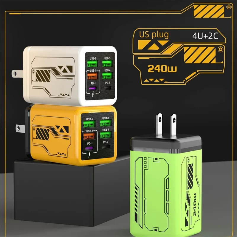 240W 6 in 1 USB C Charger Fast Charging PD3.0 QC3.0 Mobile Phone Travel Wall Adapter for iPhone17 Samsung Xiaomi Huawei EU UK US