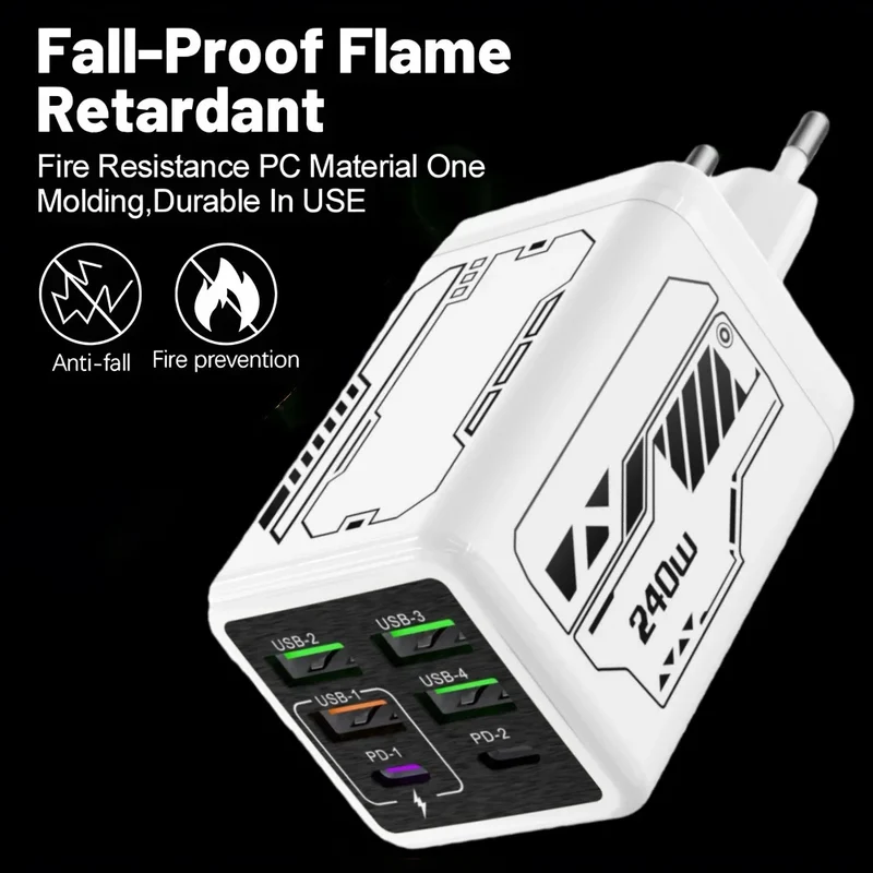 240W 6 in 1 USB C Charger Fast Charging PD3.0 QC3.0 Mobile Phone Travel Wall Adapter for iPhone17 Samsung Xiaomi Huawei EU UK US