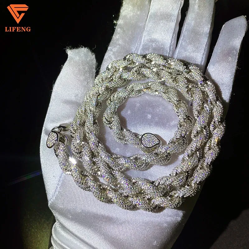 Fine Jewelry Popular White Gold Plated 925 Silver Iced Out Chain 8mm VVS Moissanite Hip Hop Rope Chain Necklace Charm for Men