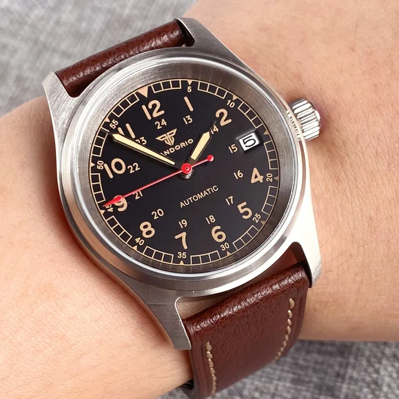 36mm Tandorio NH35 Automatic Men Watch Diver Movt 20Bar Waterproof Wristwatch Big Crown Leather Band Men's Wristwatch