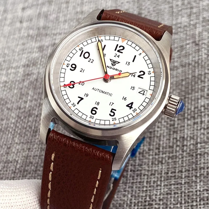 36mm Tandorio NH35 Automatic Men Watch Diver Movt 20Bar Waterproof Wristwatch Big Crown Leather Band Men's Wristwatch
