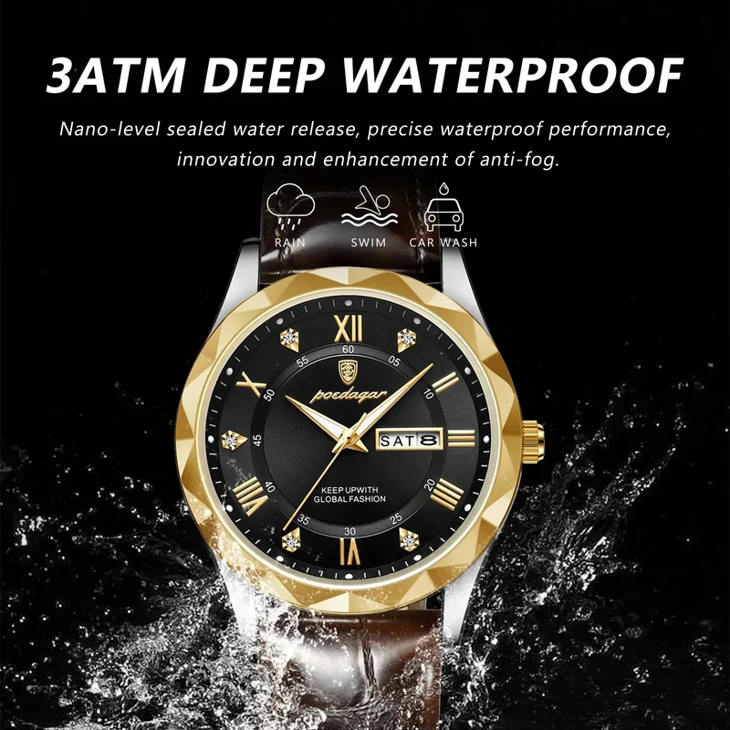 POEDAGAR Watches for Men Classic Luxury Week Display Sports Quartz Watch Mens Waterproof Leather Band Date Wristwatches Male