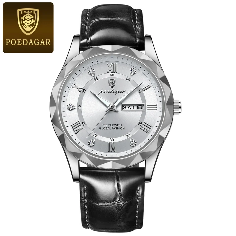 POEDAGAR Watches for Men Classic Luxury Week Display Sports Quartz Watch Mens Waterproof Leather Band Date Wristwatches Male