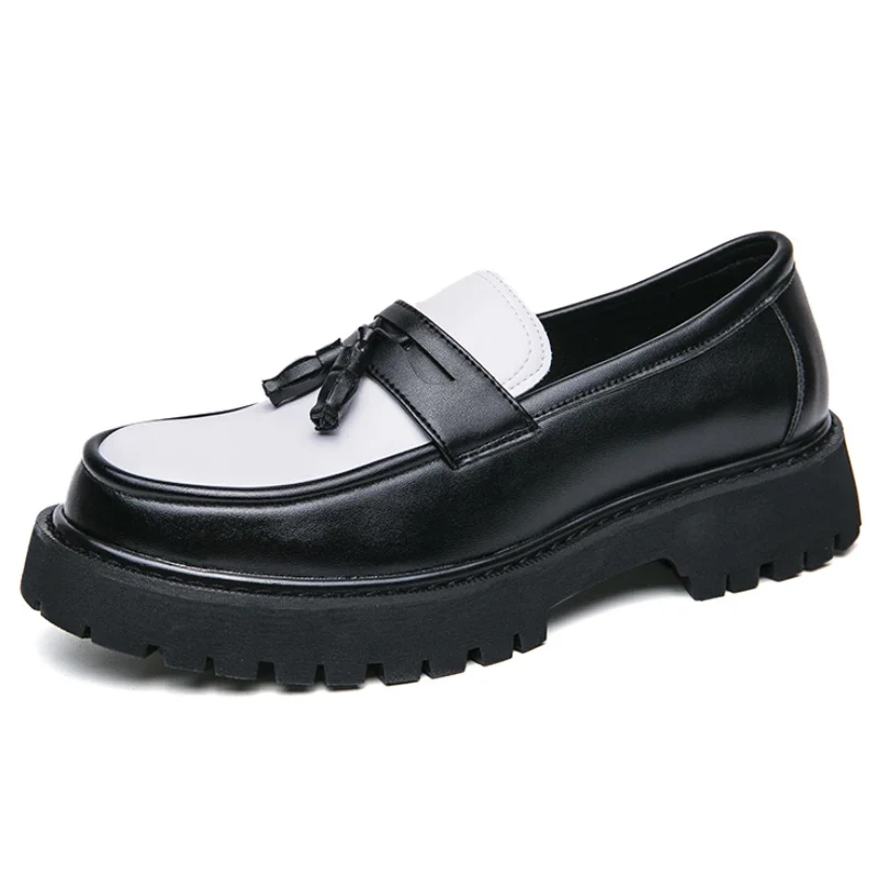 Thick Sole Classy Men Dress Shoes Black+White Color Handsome Wedding Tassels Loafer Shoes for Men
