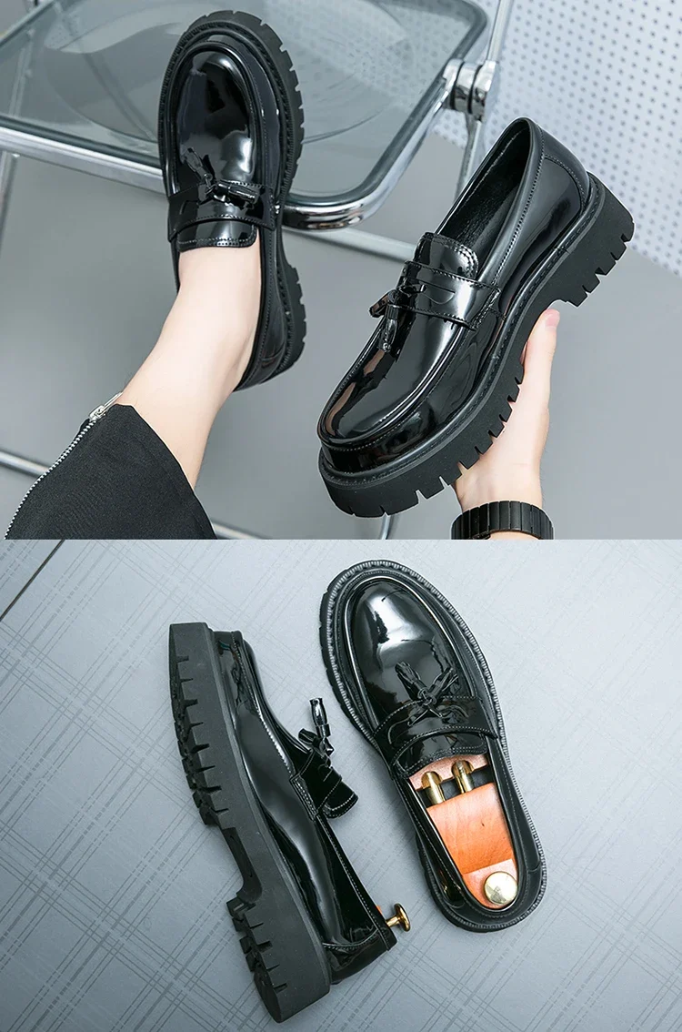 Thick Sole Classy Men Dress Shoes Black+White Color Handsome Wedding Tassels Loafer Shoes for Men