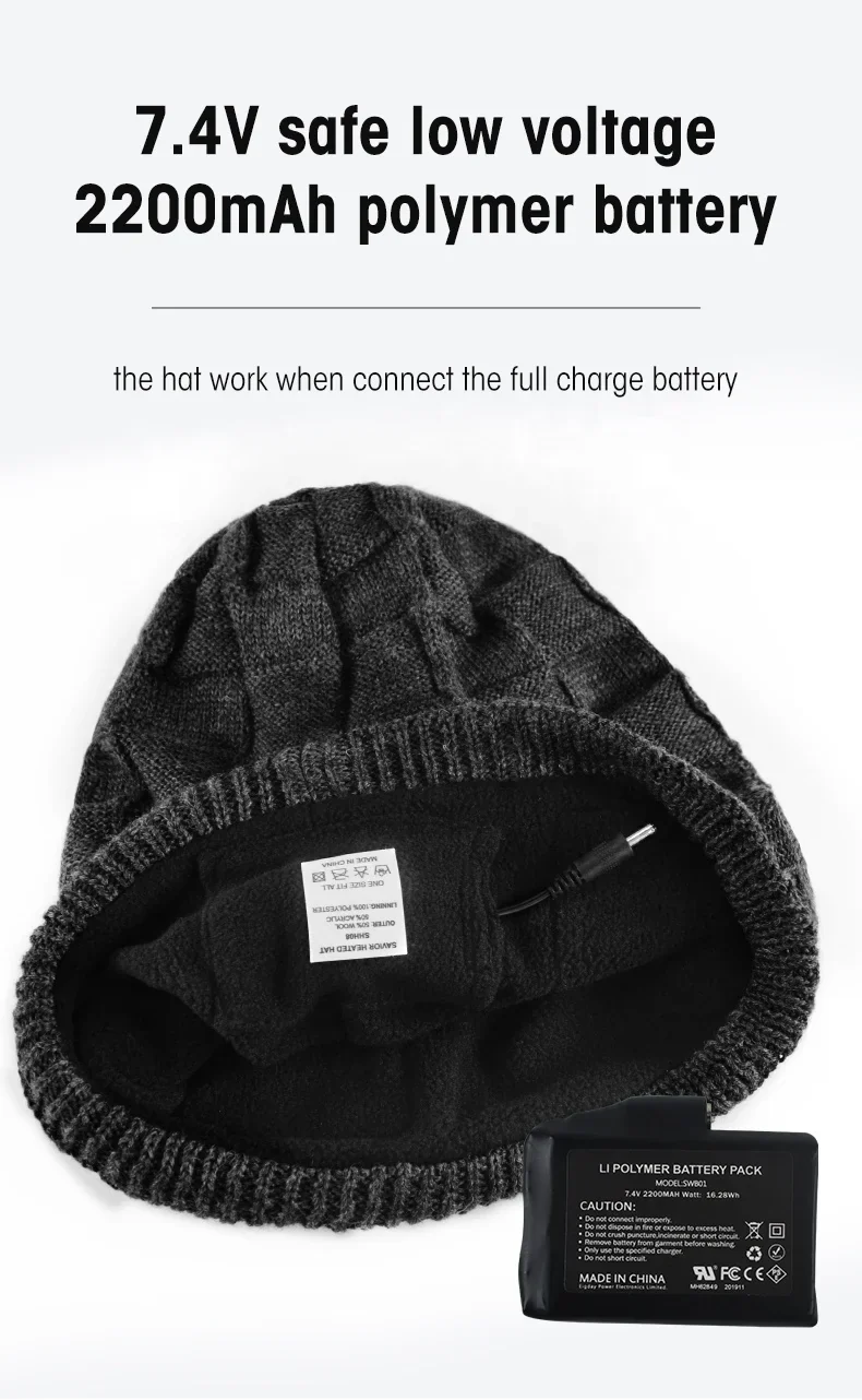 7.4V 2200mAh Rechargeable Battery Heated Hat Winter Warm Heating Hat Cold Weather Thermal Beanies Heated Hat for Men Women
