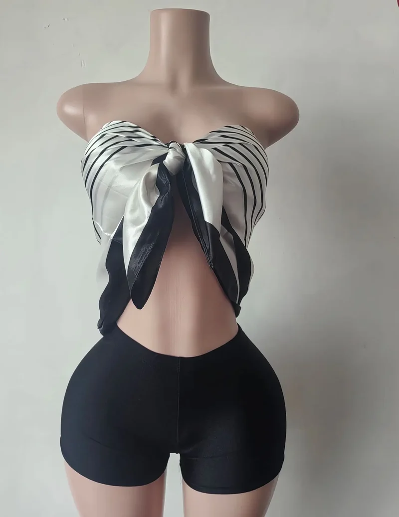 CM.YAYA Fashion Fitness Women's Set Sleeveless Print Strapless Top + Shorts 2025 Summer Active Two 2 Piece Sets Outfit Tracksuit
