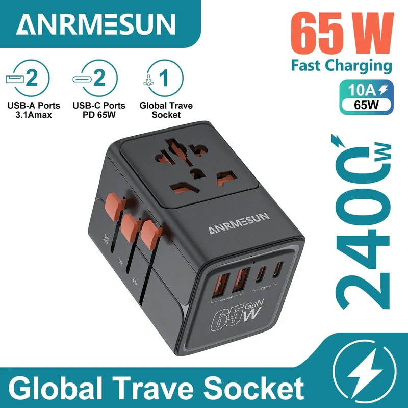 65W/45W/25W GaN Universal Travel Adapter with 2 USB 2 Type C Fast Charging All-in-one Travel Charger EU/UK/USA/AUS for Travel