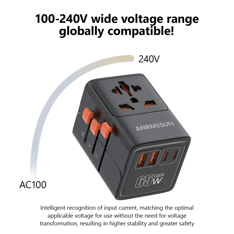 65W/45W/25W GaN Universal Travel Adapter with 2 USB 2 Type C Fast Charging All-in-one Travel Charger EU/UK/USA/AUS for Travel