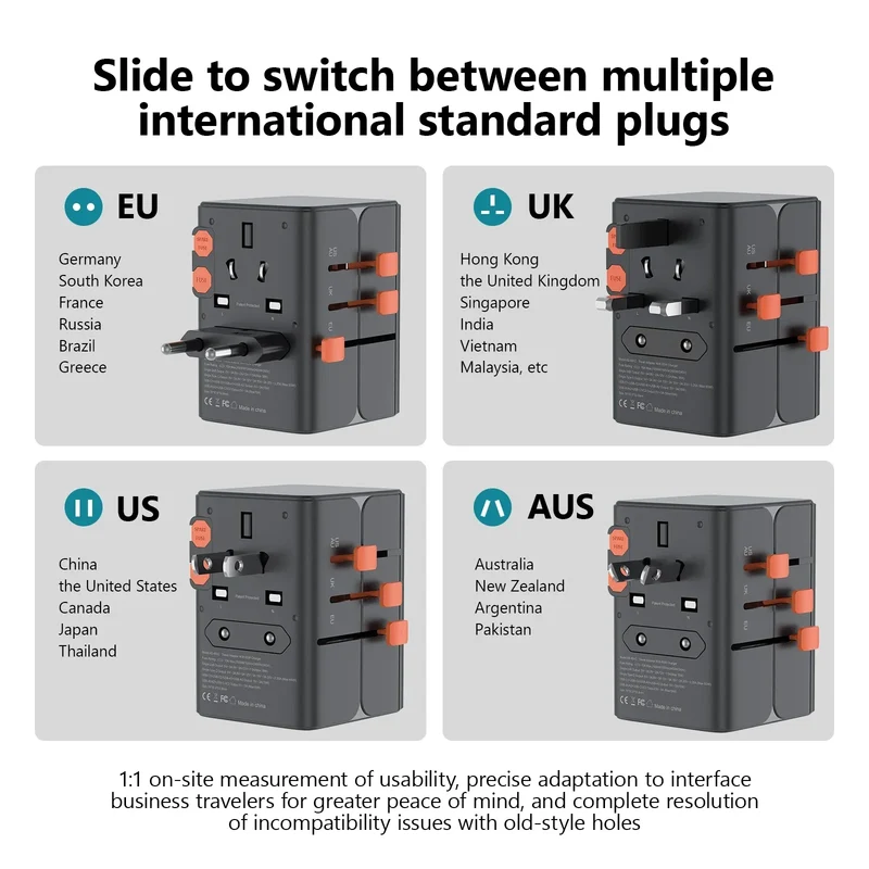 65W/45W/25W GaN Universal Travel Adapter with 2 USB 2 Type C Fast Charging All-in-one Travel Charger EU/UK/USA/AUS for Travel