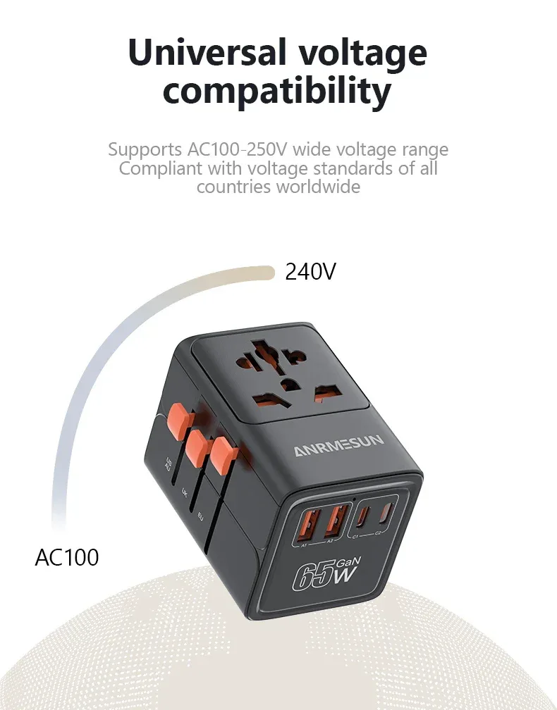 65W/45W/25W GaN Universal Travel Adapter with 2 USB 2 Type C Fast Charging All-in-one Travel Charger EU/UK/USA/AUS for Travel