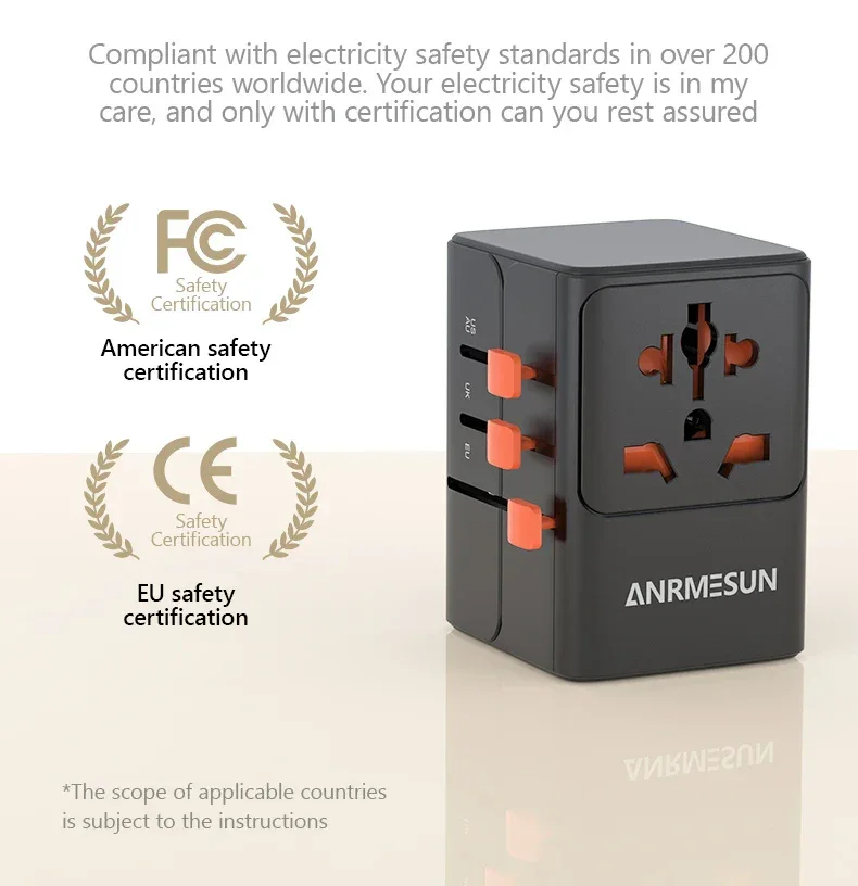 65W/45W/25W GaN Universal Travel Adapter with 2 USB 2 Type C Fast Charging All-in-one Travel Charger EU/UK/USA/AUS for Travel