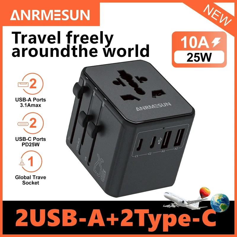 65W/45W/25W GaN Universal Travel Adapter with 2 USB 2 Type C Fast Charging All-in-one Travel Charger EU/UK/USA/AUS for Travel