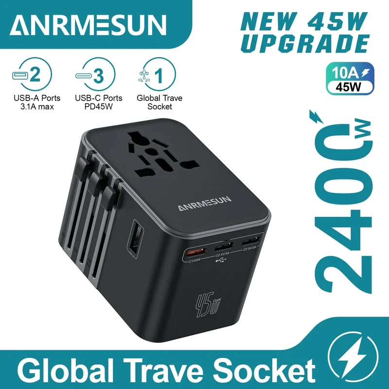 65W/45W/25W GaN Universal Travel Adapter with 2 USB 2 Type C Fast Charging All-in-one Travel Charger EU/UK/USA/AUS for Travel