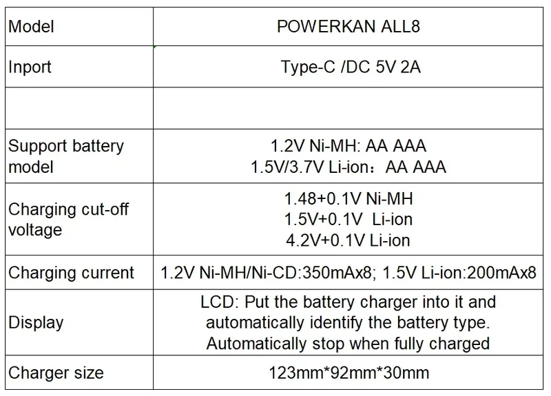 POWERKAN ALL8 charger, 8-slot high-speed LCD AA/AAA charger, suitable for 1.2V Ni-MH 1.5V/3.7V Li-ion rechargeable batteries