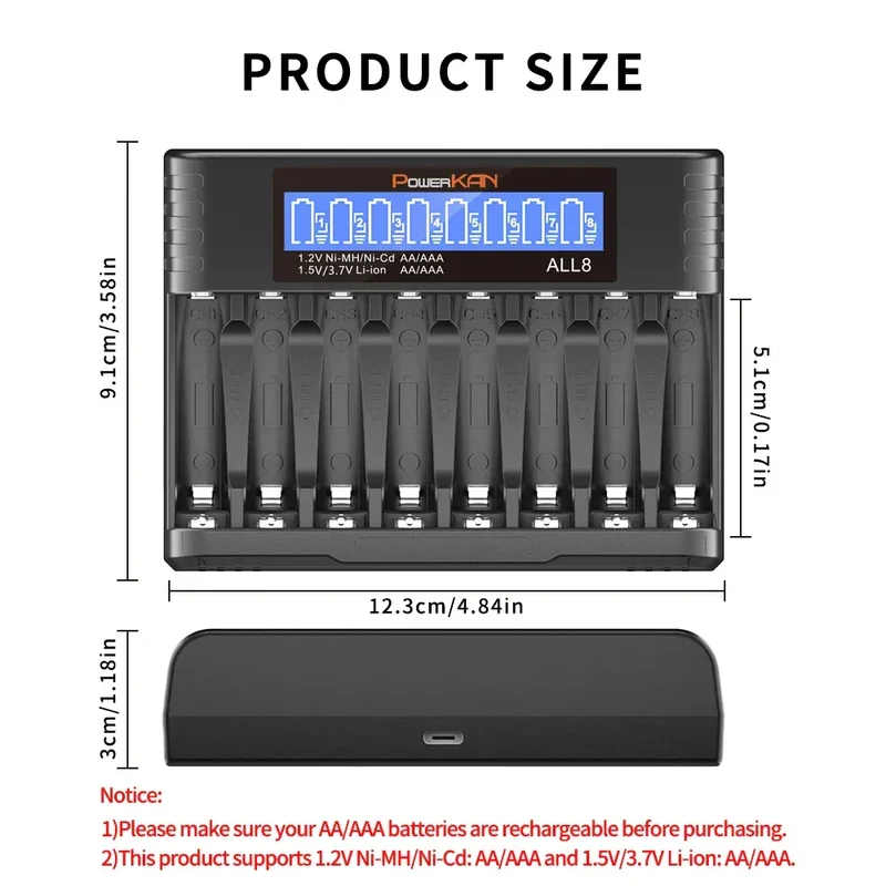 POWERKAN ALL8 charger, 8-slot high-speed LCD AA/AAA charger, suitable for 1.2V Ni-MH 1.5V/3.7V Li-ion rechargeable batteries