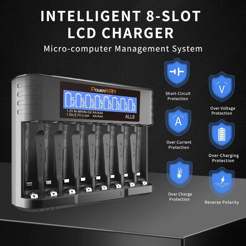 POWERKAN ALL8 charger, 8-slot high-speed LCD AA/AAA charger, suitable for 1.2V Ni-MH 1.5V/3.7V Li-ion rechargeable batteries