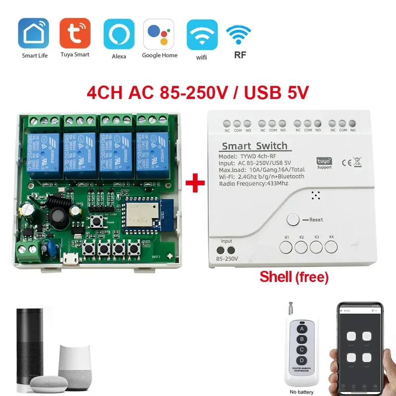 Tuya Smart Home 4CH Relay Module AC/DC 7-32V AC 220V 10A Wifi Switch 4 Channels RF433 Receiver Work With Vioce Alexa Google Home