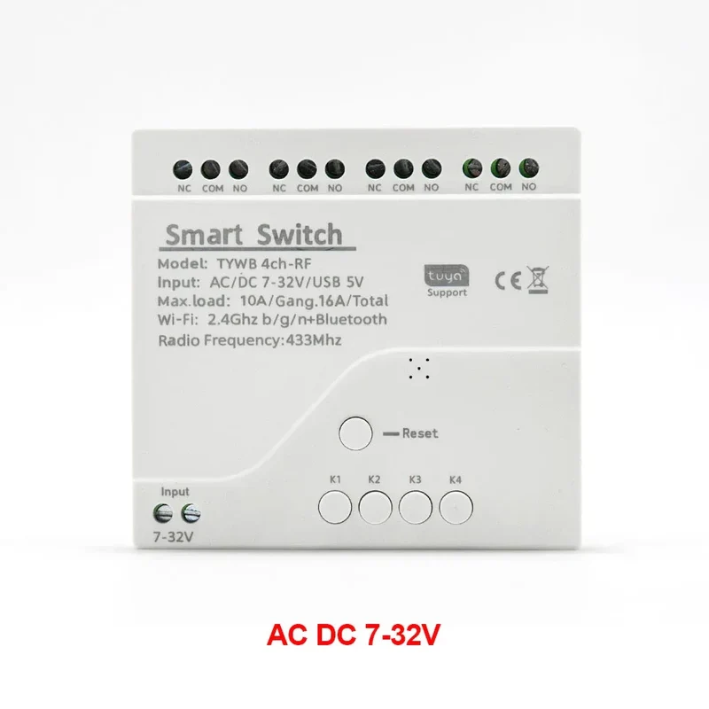 Tuya Smart Home 4CH Relay Module AC/DC 7-32V AC 220V 10A Wifi Switch 4 Channels RF433 Receiver Work With Vioce Alexa Google Home