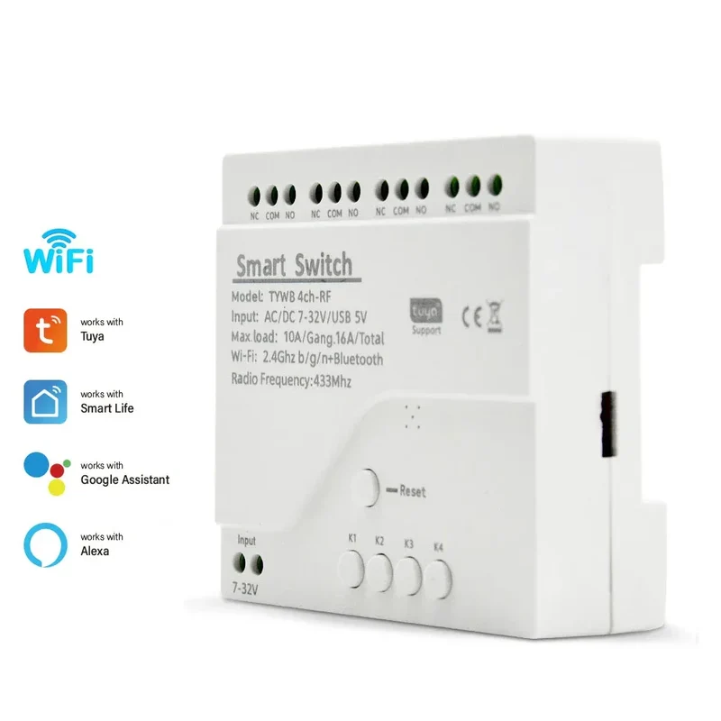 Tuya Smart Home 4CH Relay Module AC/DC 7-32V AC 220V 10A Wifi Switch 4 Channels RF433 Receiver Work With Vioce Alexa Google Home