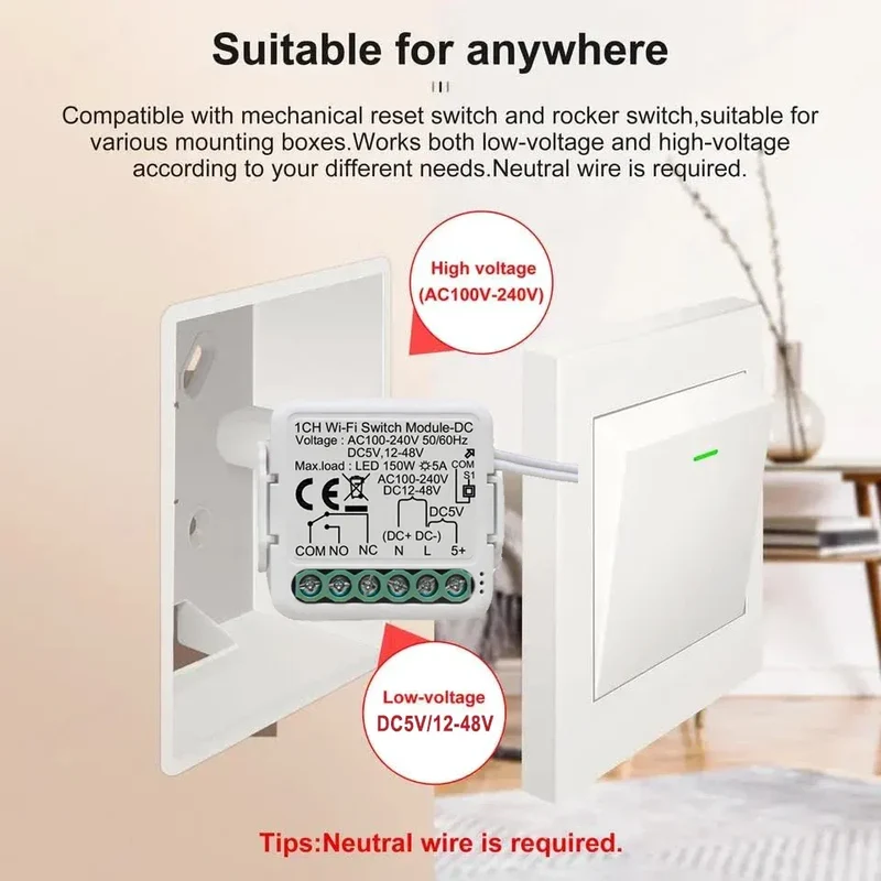 Tuya Smart Dry Contact Switch Module DC5V/12-48V AC110-240V DIY Breaker Relay Compatible with Alexa Google Home