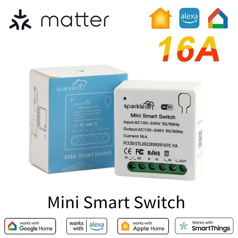 Matter 16A WiFi mini Smart Switch Pass-through Disconnect Dual Control Outletorks Remote Control Timer Work with HomeKit Alexa
