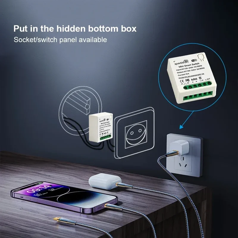 Matter 16A WiFi mini Smart Switch Pass-through Disconnect Dual Control Outletorks Remote Control Timer Work with HomeKit Alexa