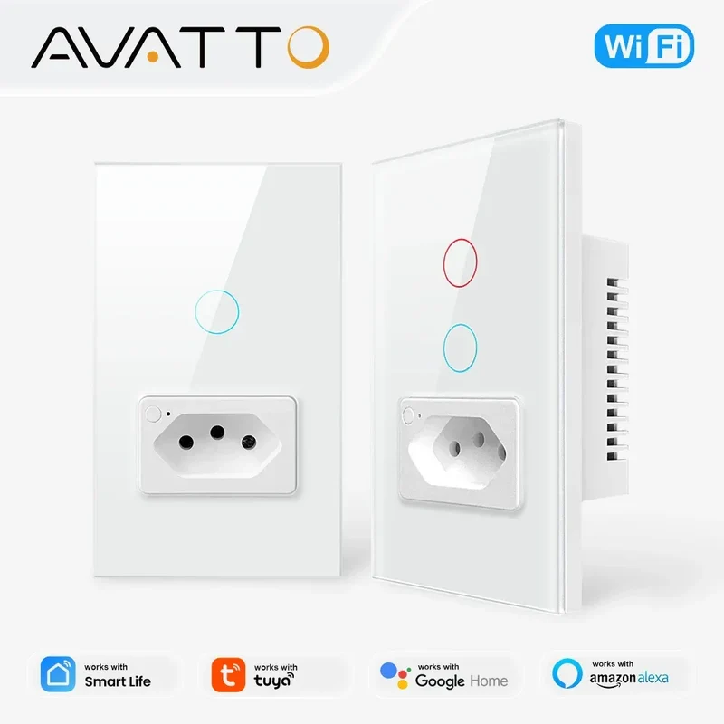 AVATTO Tuya WiFi Smart Light Switch with Socket,Brazil Stand 16A Touch Button Wall Switch,Work for Alexa Google Home