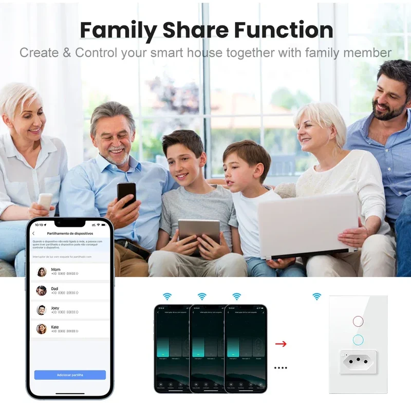 AVATTO Tuya WiFi Smart Light Switch with Socket,Brazil Stand 16A Touch Button Wall Switch,Work for Alexa Google Home