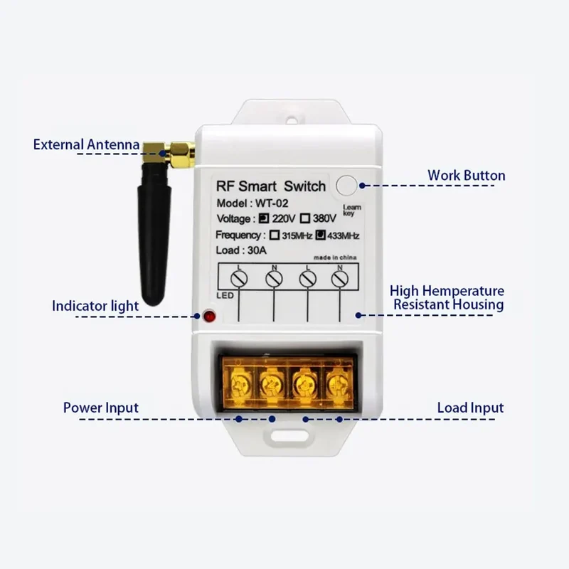 433MHz AC 220V 380V RF Remote Control Switch 30A Relay 2 Buttons Long Range Remote for Water Pump Home Outdoor Light Control