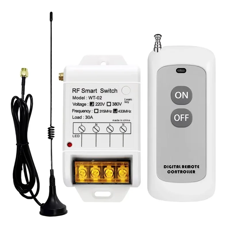 433MHz AC 220V 380V RF Remote Control Switch 30A Relay 2 Buttons Long Range Remote for Water Pump Home Outdoor Light Control
