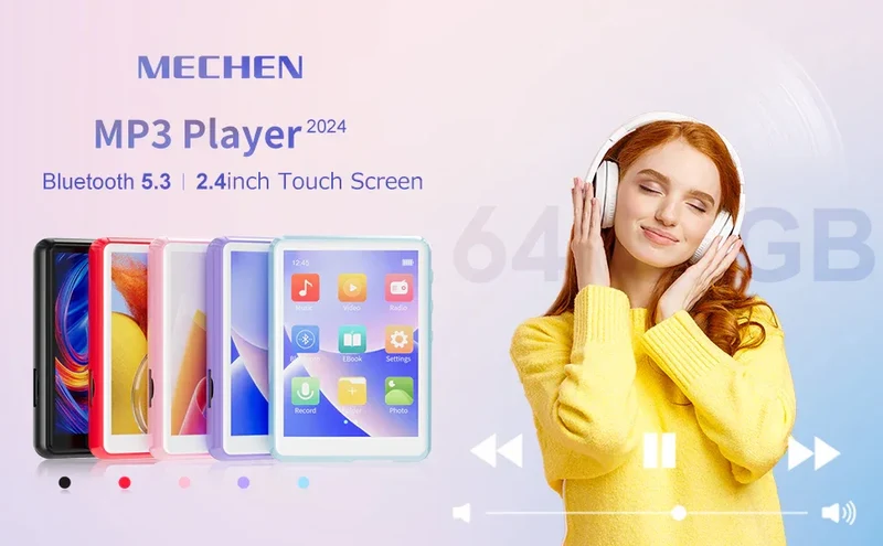 MECHEN 64GB MP3 Player Bluetooth 5.3 with 2.4" Full Touch Screen，Portable Digital Music Player with Speaker，FM Radio, Line Recor