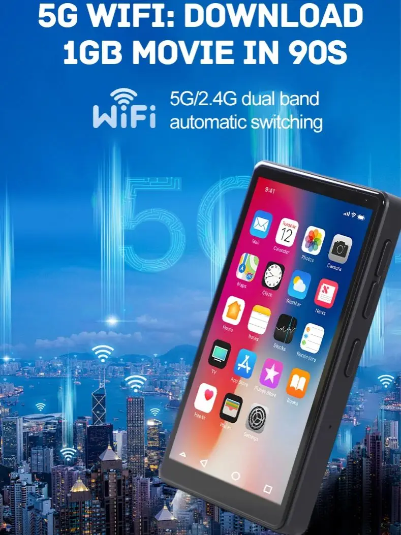 MP3 MP4 HIFI Stereo Player 3.97-inch 1080P HD Full-Screen Touch with Bluetooth and 2.4G/5G WiFi FM Radio Recording Ebook