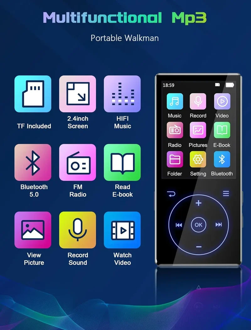 128GB MP3 Player: Portable Music Player with Bluetooth 5.2 HiFi Sound Shuffle Single Loop FM Radio Built-in HD Speaker Voice Rec