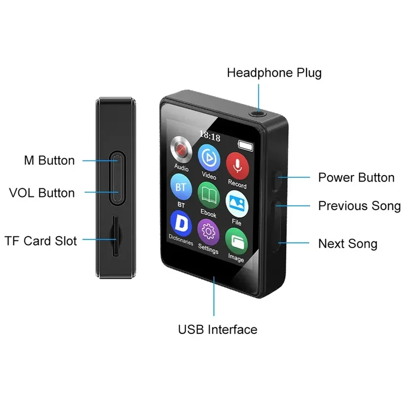1.8-inch portable MP3 MP4 music player with Bluetooth 5.0 internal speaker compatible up to 128 Gb