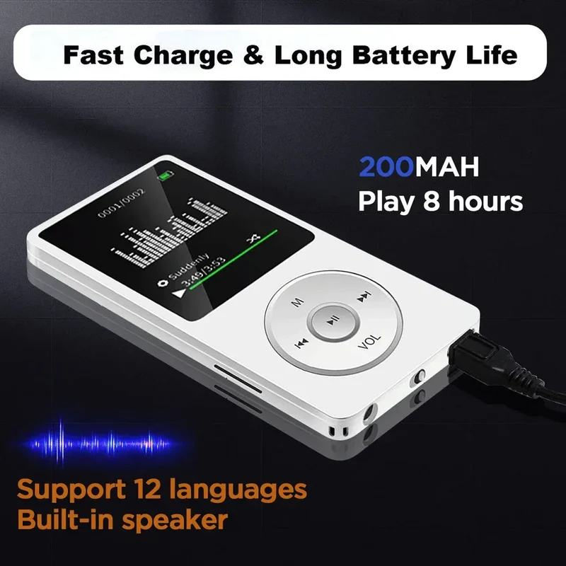 16GB MP3 Player USB Charging Record Digital Display Screen Media Lossless Pocket Sports Running Walking HIFI Music Speakers