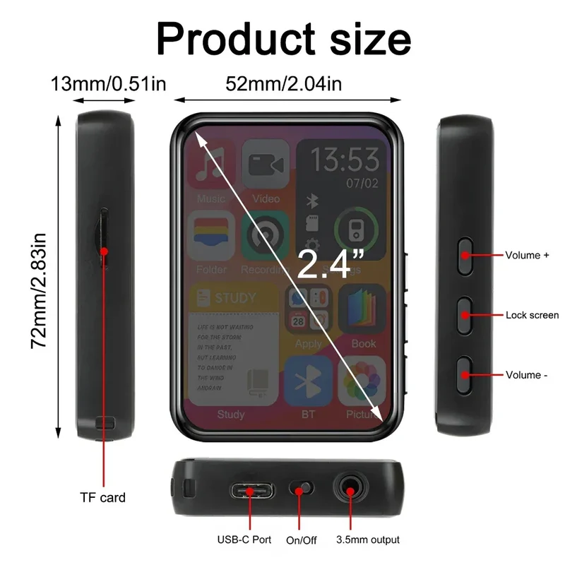8-128GB MP3 Music Player Full Screen Touch MP4 Bluetooth Built-in Speaker Portable HiFi Music Player Video Playback recording