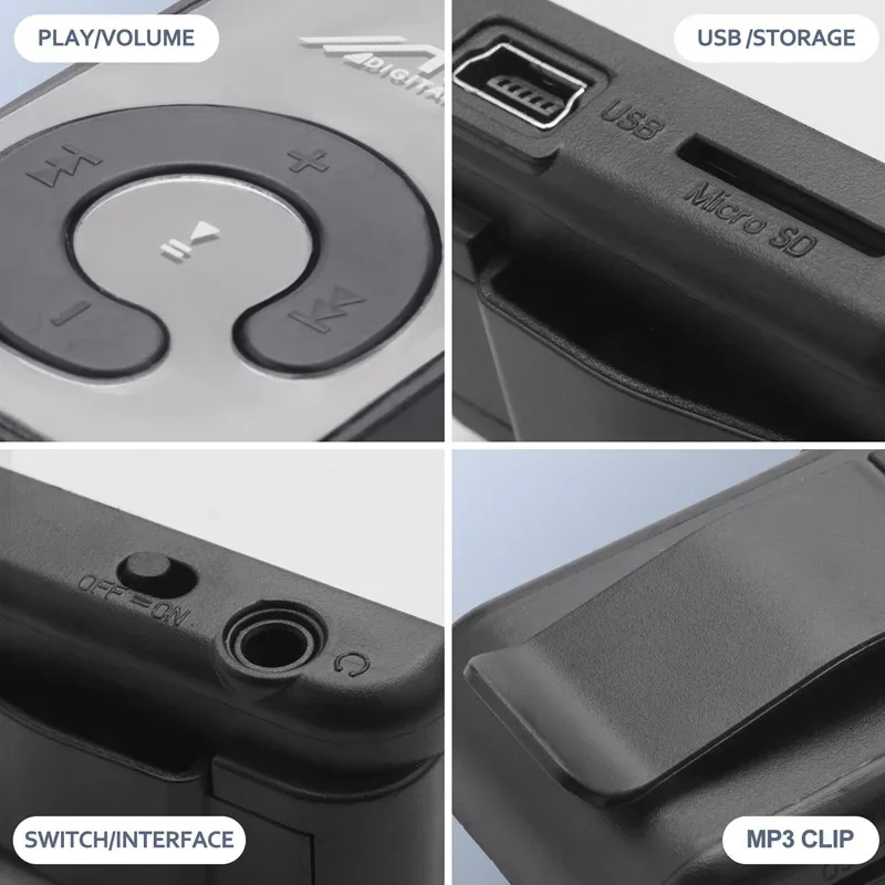 Portable Mini Mp3 Clip Card MP3 Music Player Mirror Card Clip High Quality Digital Music Media Playback Support SD TF Card