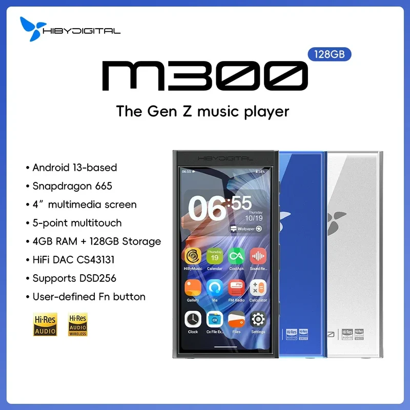 HiBy Digital M300 Android 13 Music Player MP3 HiFi Audio Bluetooth WiFi DSD256 FM Radio Dual Mic Built-in Speaker IPS 29hr 128GB