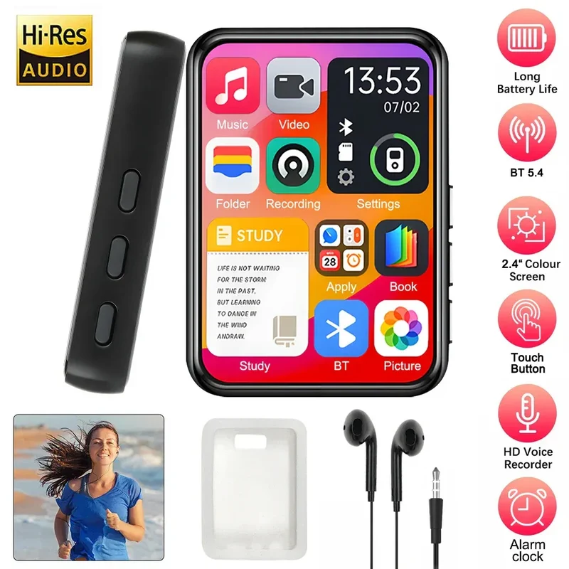 Bluetooth 5.4 MP3 Player Full Screen Walkman Music Player Novel Reading E-book Mp4 Video Player With Earphone Video Recording
