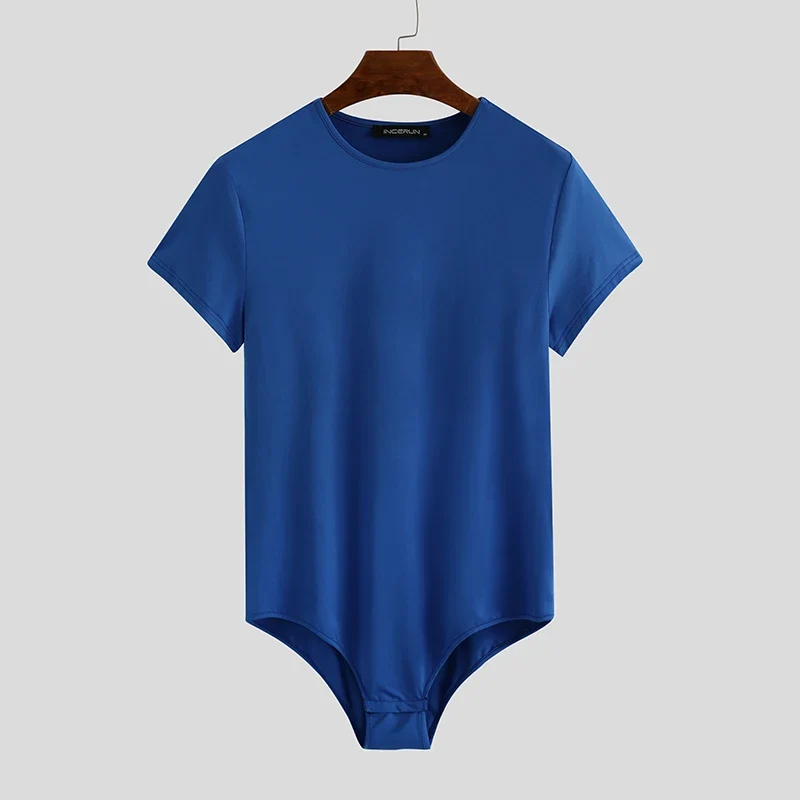 INCERUN Men Bodysuit Solid Color Pajamas Sexy 2023 Breathable Short Sleeve O-neck Rompers Underwear Fitness Men Bodysuits S-5XL